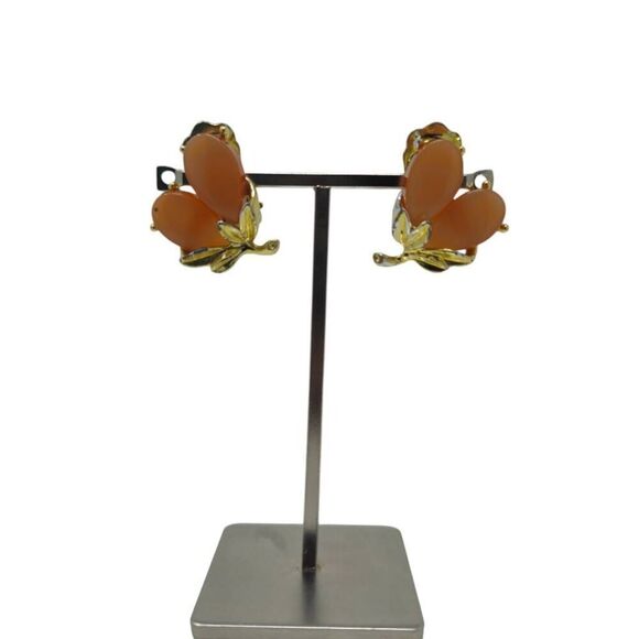 Peach and Gold Leaf Clip-On Earrings - Picture 1 of 5